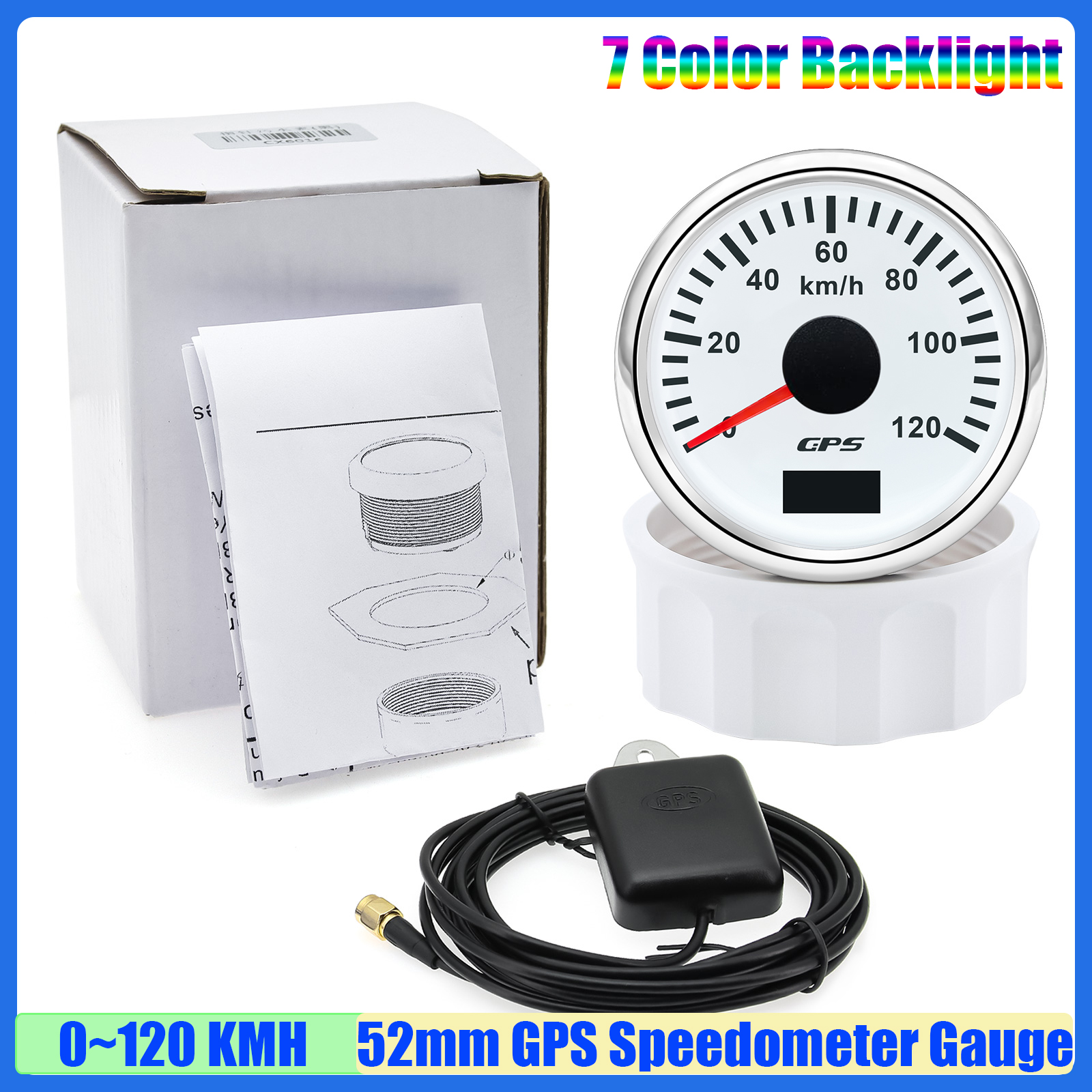 30 km/t 60 km/t 80 km/t 120 km 200 t gps-speedometer med antenne 7- farvet led-hastighedsmåler kilometertæller auto bil båd 12 v 24v brugerdefineret: Blå