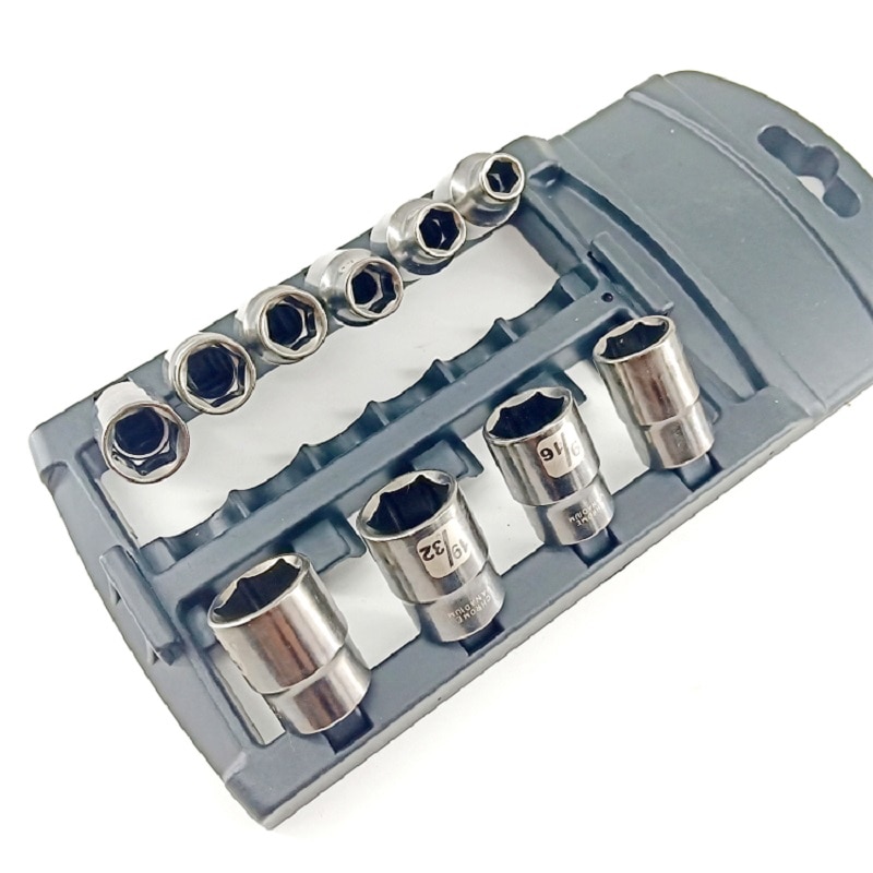 10 Pcs 3/8 Inch Drive CRV and Black Nickel Imperial Socket Set With Anti-Theft Plastic Rack