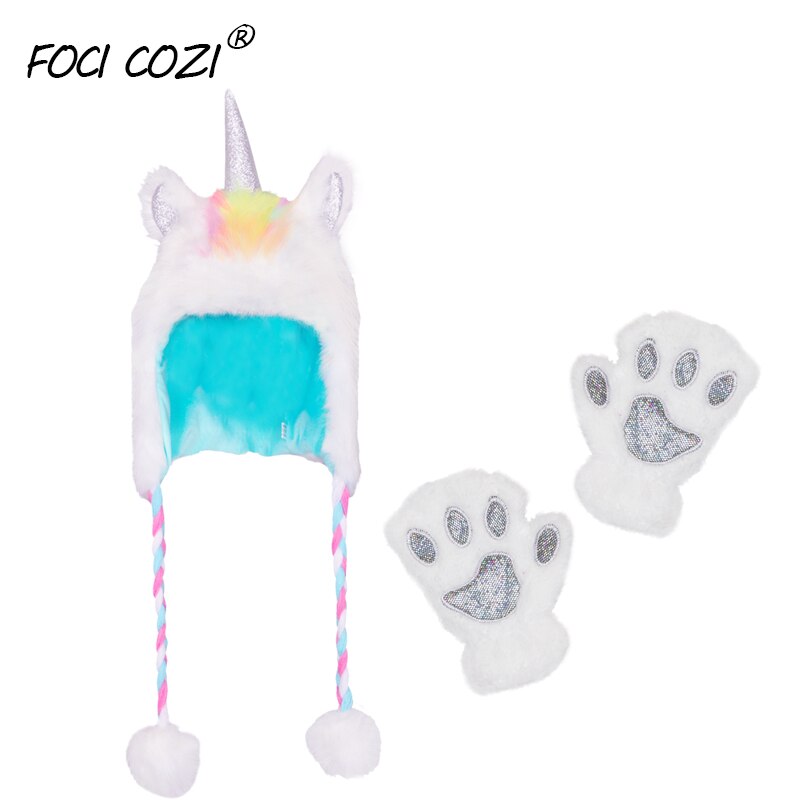 Unicorn Winter Hat Gloves Paws Unicorn Christmas For Girls Winter Faux Fur Hats Glove Set for Beanie Cosplay Photography: white
