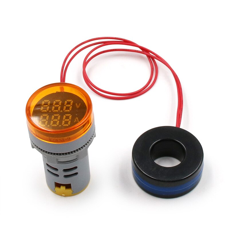 Mini voltímetro Digital redondo amperímetro 22mm AC 20-500V 0-100A Amp Volt probador de voltaje medidor de doble LED indicador de luz piloto: Amarillo