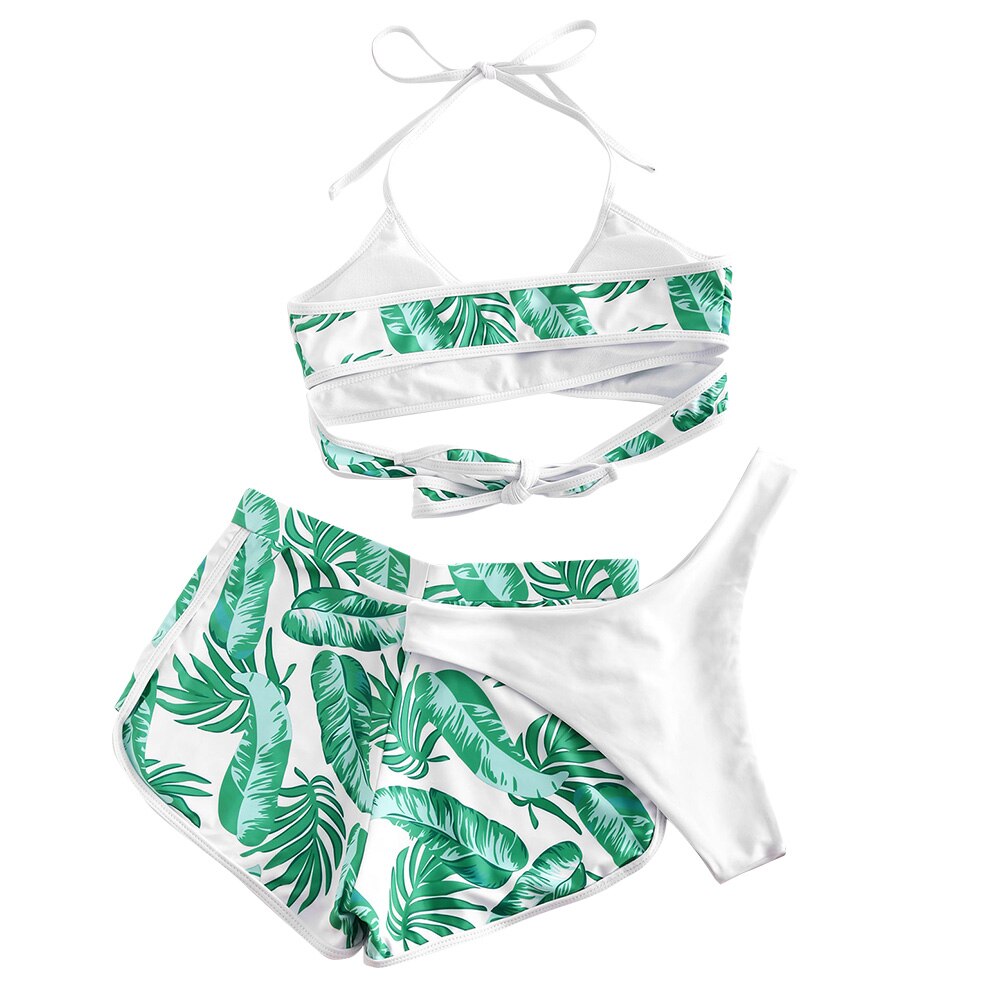 Zaful Leaf Print Halter Drie Stuk Bikini Set