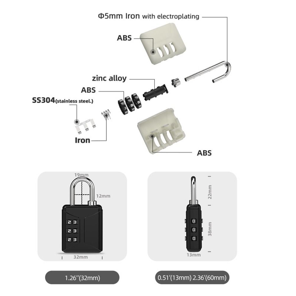Mini 3-stelliges Zahlenschloss für Rucksack, Reißverschluss, Passwortschloss, Gepäck, Vorhängeschloss, Schlafsaal, Schrankschloss