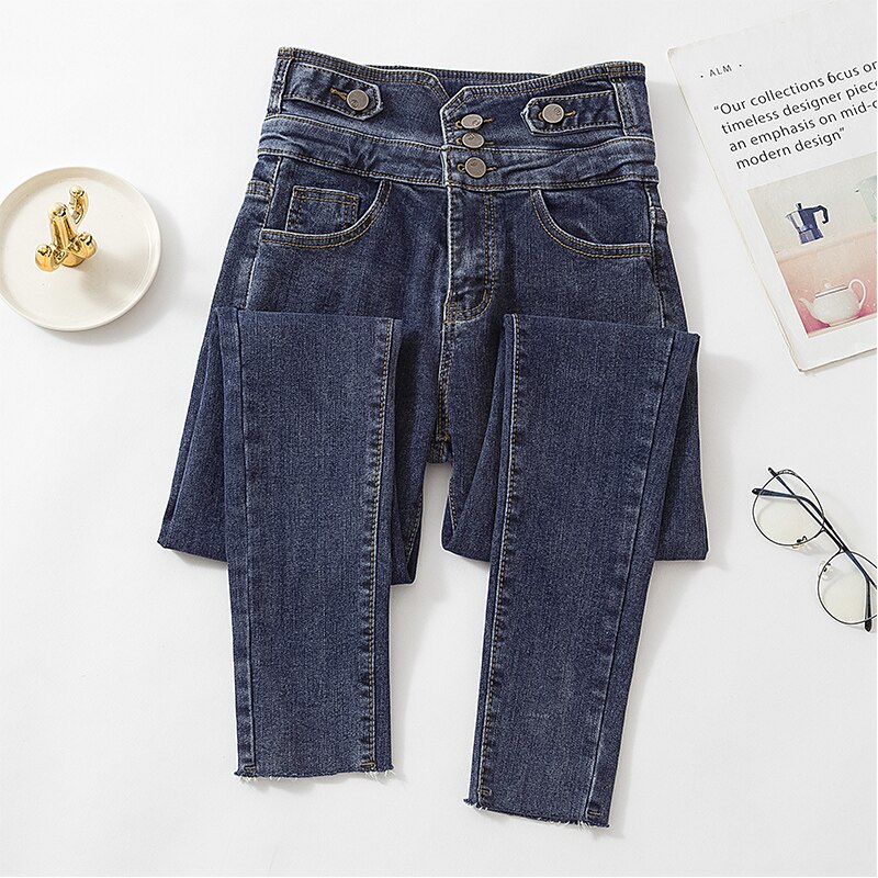 Skinny jeans voor dames, hoge taille, drie knopen, zwarte denim potloodbroek voor dames, koreaanse chique lange jeans voor dames