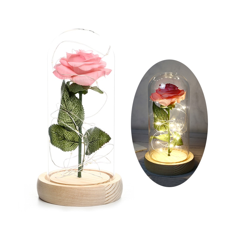 Skønhed og udyr rose i kolbe led rose blomst lys sort base glas kuppel bedst til mors dag fødselsdag valentinsdag: Stil 07
