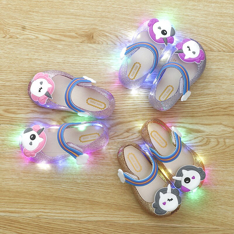 Jenter enhjørning sko barn gelé sandaler led lys opp glitter sko liten jente enhjørning fest enhjørning kjole sandal