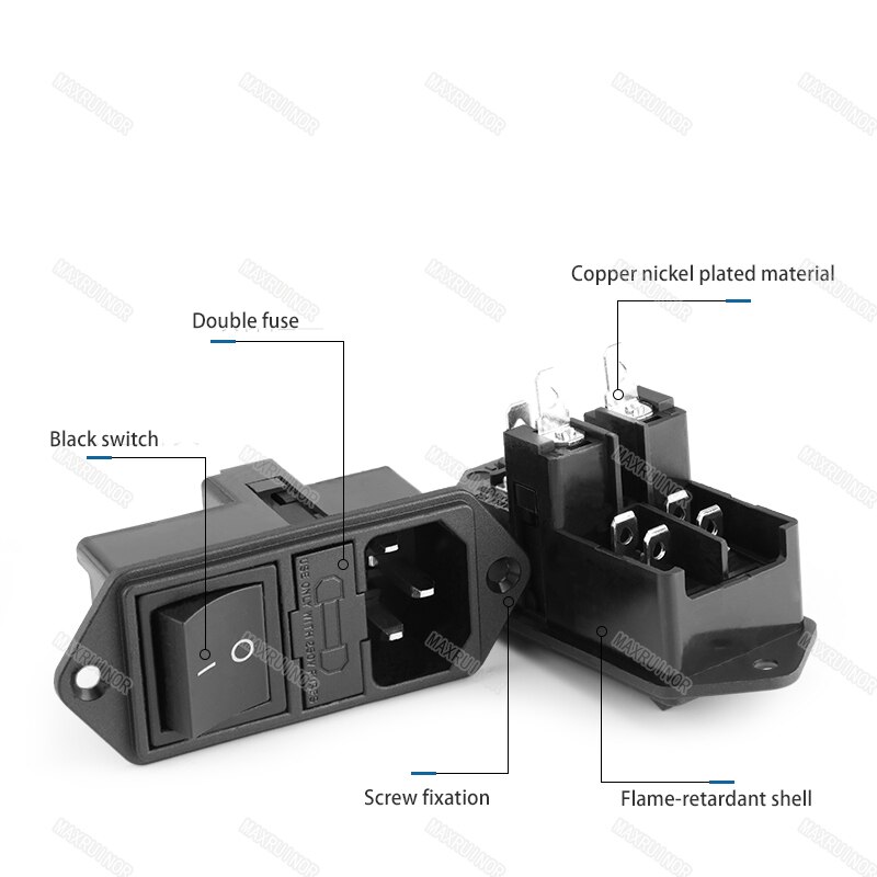 Rocker Switch with double fuse AC socket full copper Red Light 10A 250V 3Pins Black green red