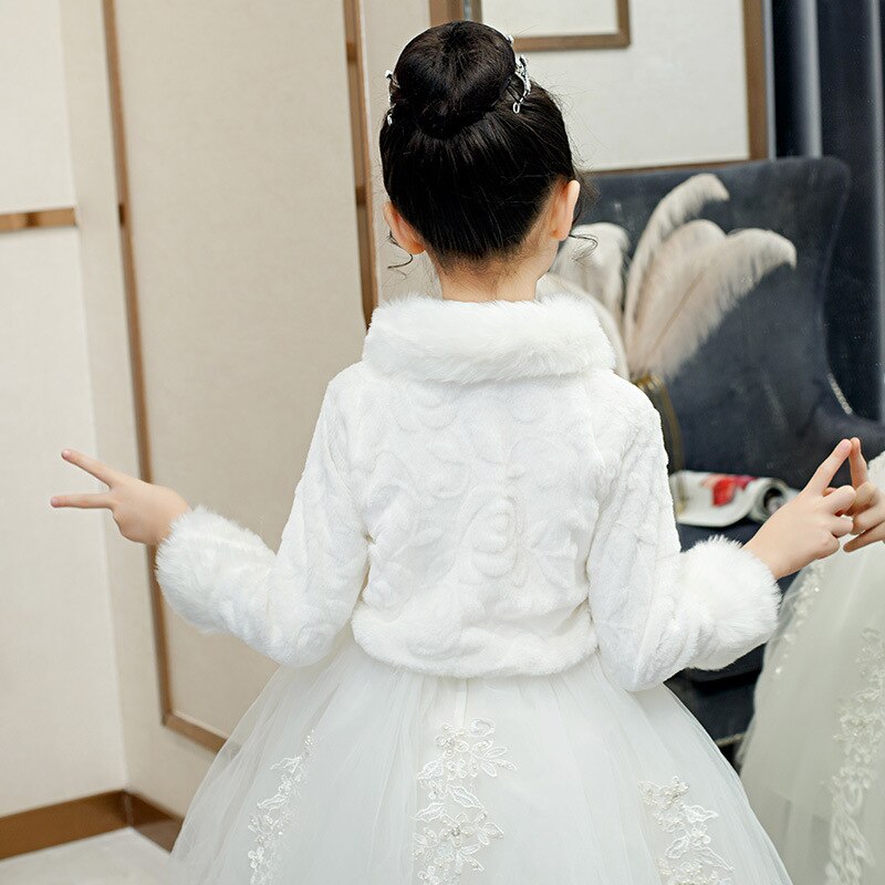 Long Sleeve Girls Faux Fur Jacket Bridesmaid Birthday Party Wedding Jacket for Flower Girls Dress Wraps Coat Cloak Bolero Cape