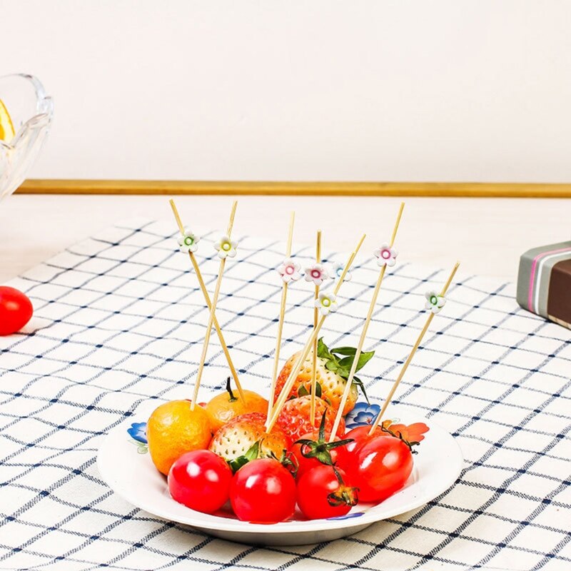 100pcs Disposable Bamboo Fork Buffet Fruit Desserts Pick Skewer Food Cocktail Sandwich Stick