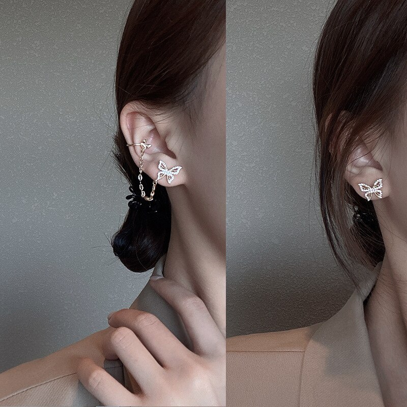 Asymmetrische Lange Kwast Ketting Manchet Oorbellen Voor Vrouwen Meisjes Vlinder Oor Botten Clip Oorhaak Oorbellen Sieraden Party: 5  (2pcs)