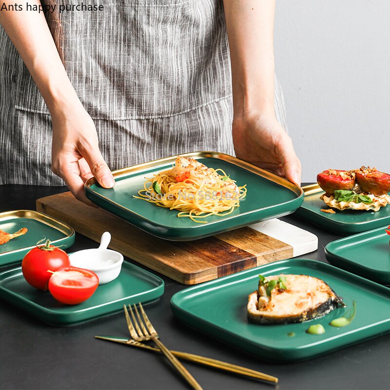 Nordisk keramik western tallerken grøn husholdning firkantet service restaurant phnom penh bøf fad køkkenredskaber snack kagebakke