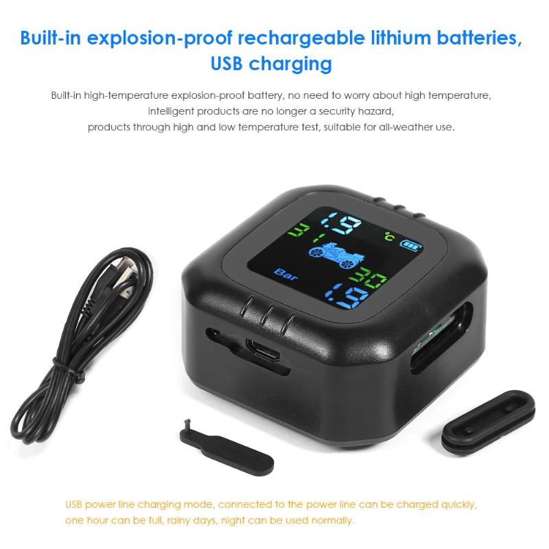 TPMS Motorcycle Tire Pressure Monitoring System Wireless LCD 2External Sensor Realtime Monitor Abnormal Alarm Moto Tyre Tool PSI