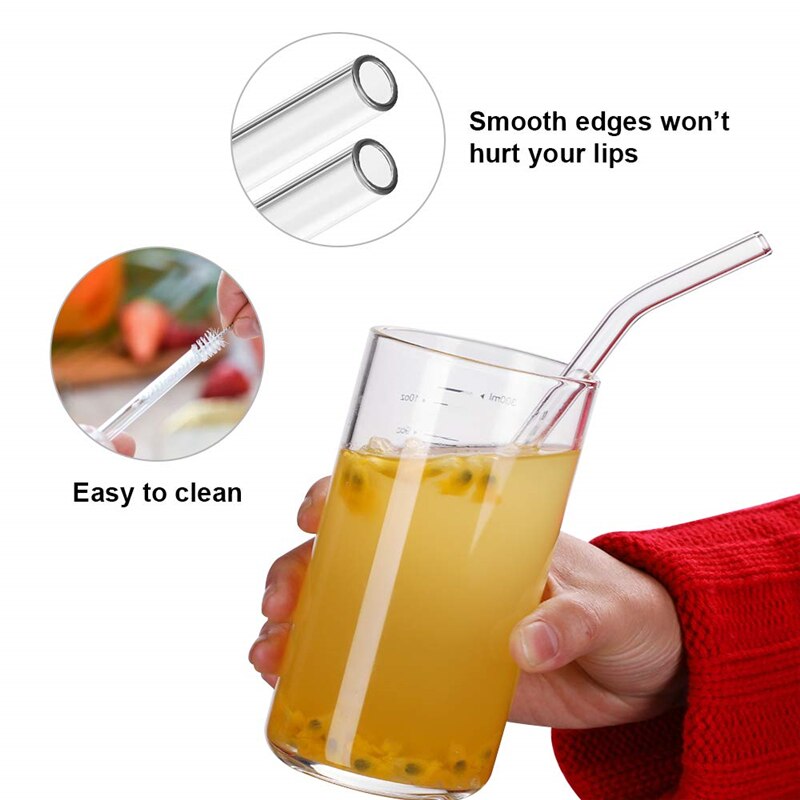 Paille en verre transparente pour toute boisson,accessoire sain, réutilisable et , pour Smoothies, cocktails, livré avec brosse de nettoyage, 200x8mm