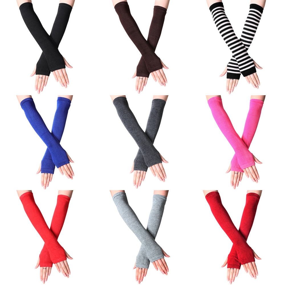 Guanti lunghi senza dita a righe da donna per ragazze guanti classici a gomito in cotone lavorato a maglia scaldamuscoli manica lunga Handschoenen