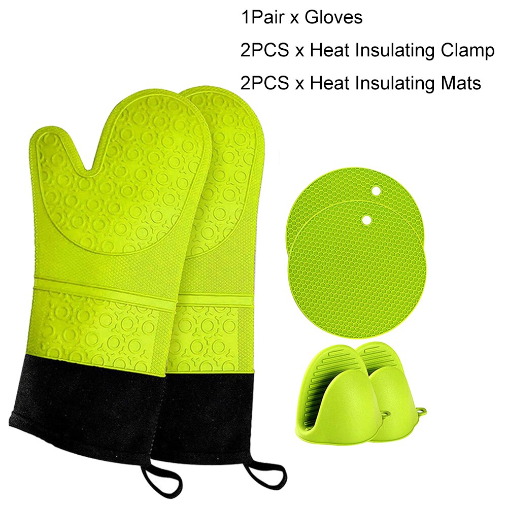 3pcs Anti Scald Cooking Easy Clean Oven Mitt Set Baking Waterproof Long Gloves BBQ Potholder Table Mat Grilling Soft Silicone: Green