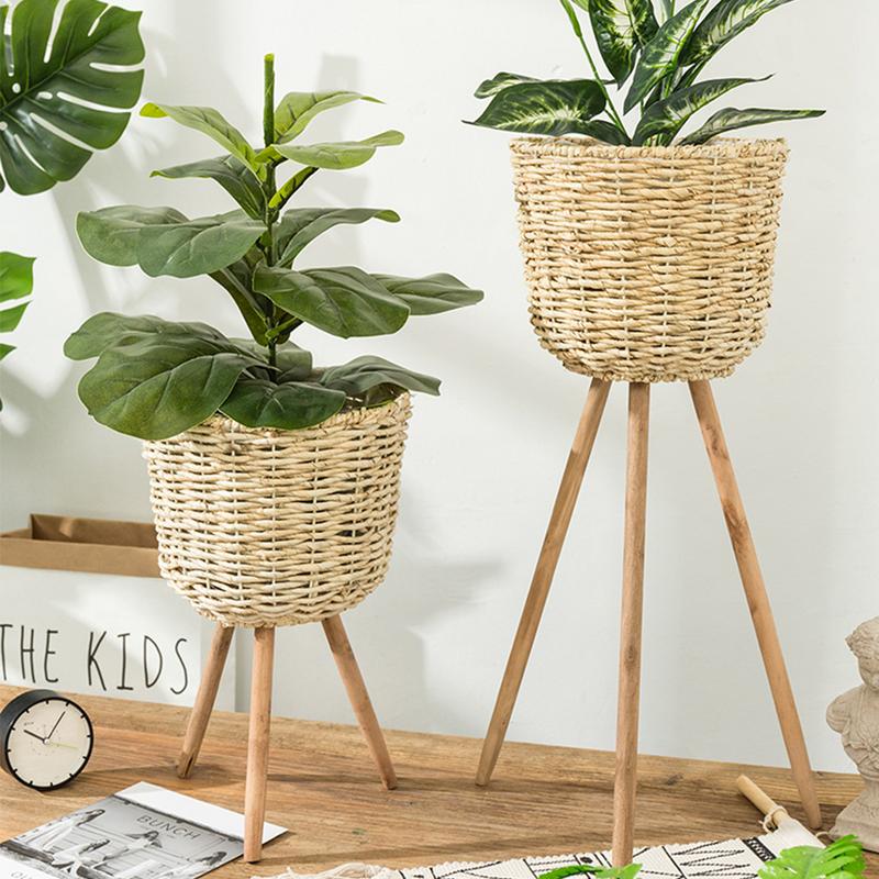 Handmade Bamboo Storage Baskets Laundry Straw Patchwork Wicker Rattan Seagrass Belly Garden Flower Pot Planter Basket