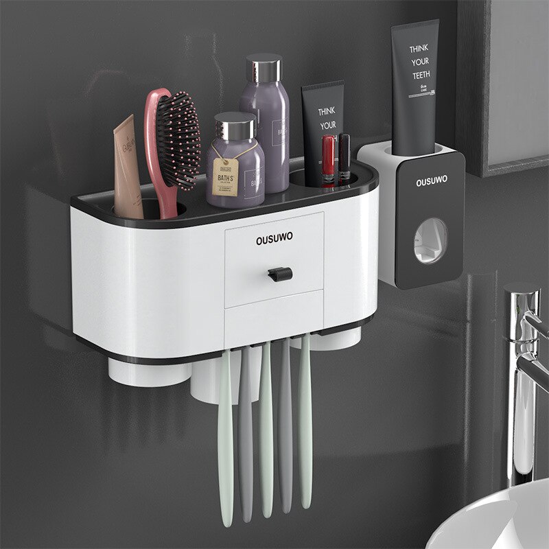 Spazzolino da denti titolare distributore Automatico di Dentifricio spremiagrumi per Il Bagno cremagliera Di Stoccaggio cremagliera di Montaggio A Parete Accessori per il Bagno impostato: B-Three cups nero