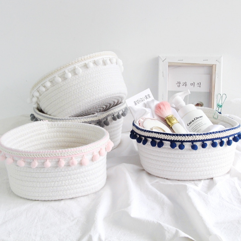 Household White Laundry Basket Unique Woven Wool Ball Storage Basket Home Decoration Cotton Thread Storage Basket