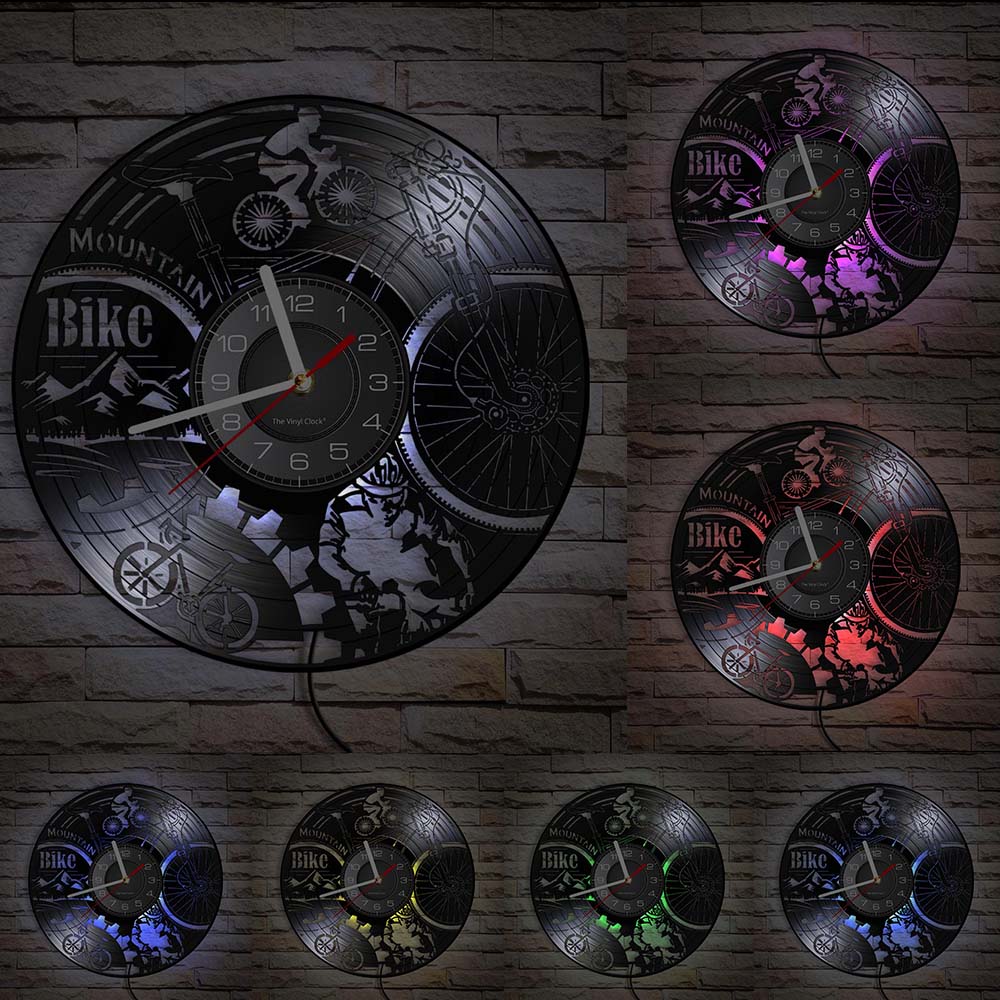 Mountain Bike Vinyl Record Wall Clock Mountain Biking Black Retro Wall Art Home Decor Silent Wall Watch Adventure Bicycle: With LED
