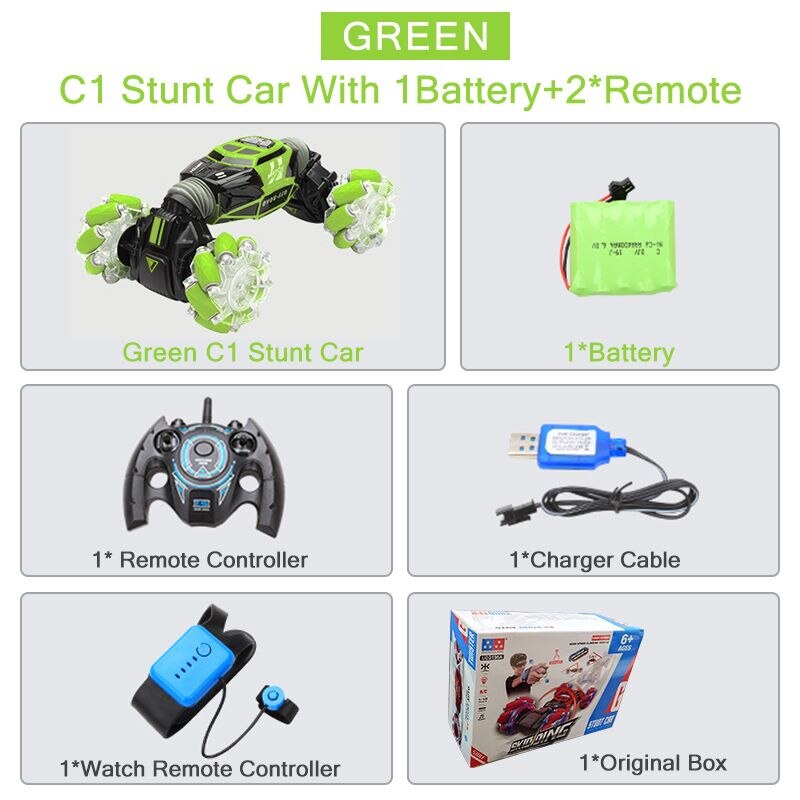 4WD RC Stunt Auto Horloge Afstandsbediening Gebaar Inductie Vervormbare Elektrische RC Drift Auto LED Licht Transformator Auto Speelgoed voor kids: Green