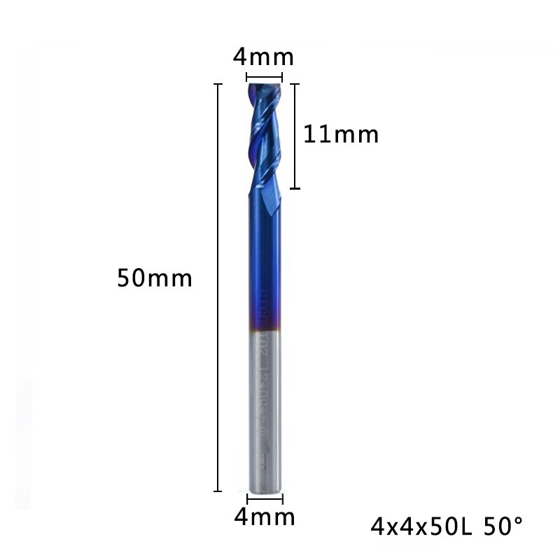 XCAN 1pc 1-12mm Nano bleu revêtement 2 flûte fraise en bout plat 50 degrés carbure fraise en bout CNC routeur fraise en bout: 4x4x50L