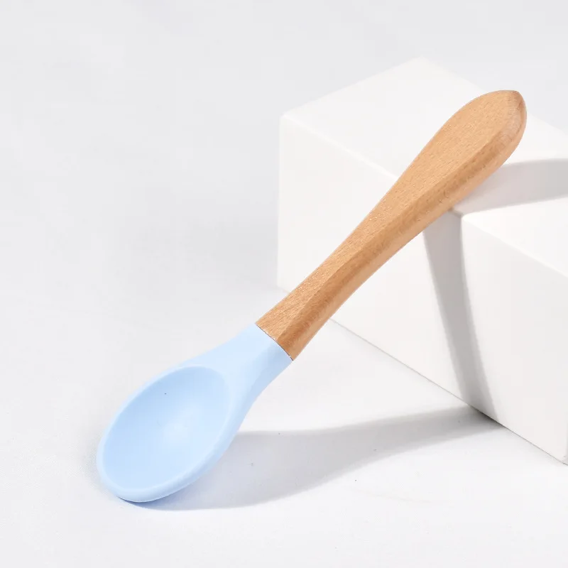 Lusikat vauvan ruokintalusikkahaarukka puinen kahva lusikkahaarukkasetti pehmeä silikonikärkinen lusikkahaarukka bpa-vapaa elintarvikelaatuinen vauva taaperoille: Keltainen