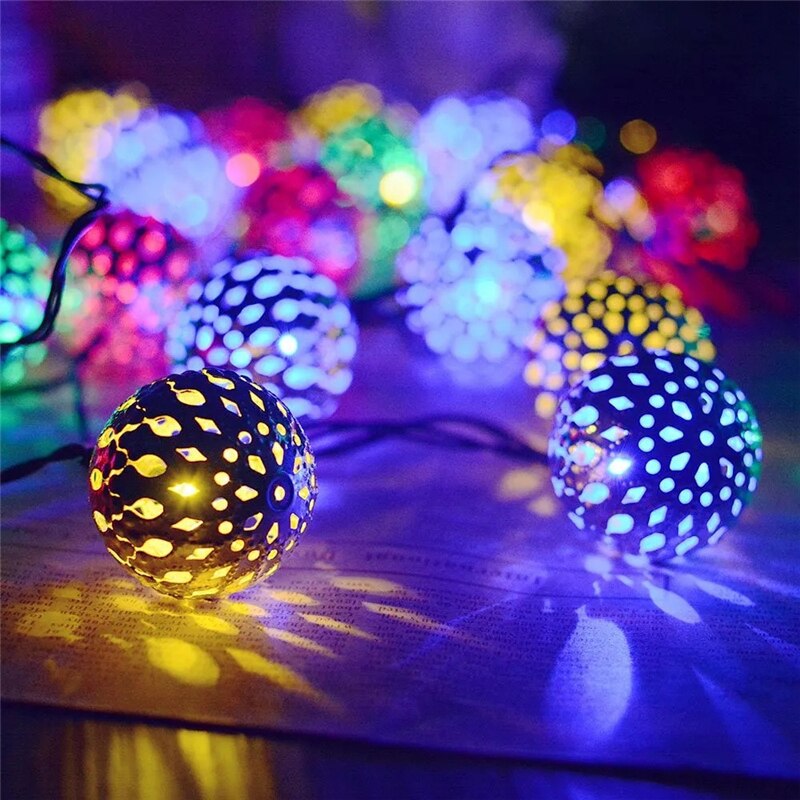 Battery Powered Moroccan Ball Lamp String LED Wrought Iron Metal Hollow Out Ball String Fairy Light 1.5/3 Meter 10/20LED C1: Color light / Battery 20 lights