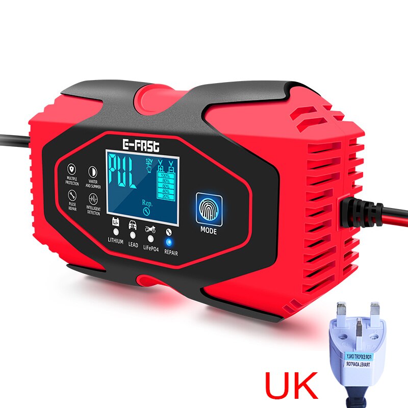 12V 24V Car Motorcycle Battery Charger Lithium Iron Lithium Charger Memory Function Fast Charging Repair: UK-Red