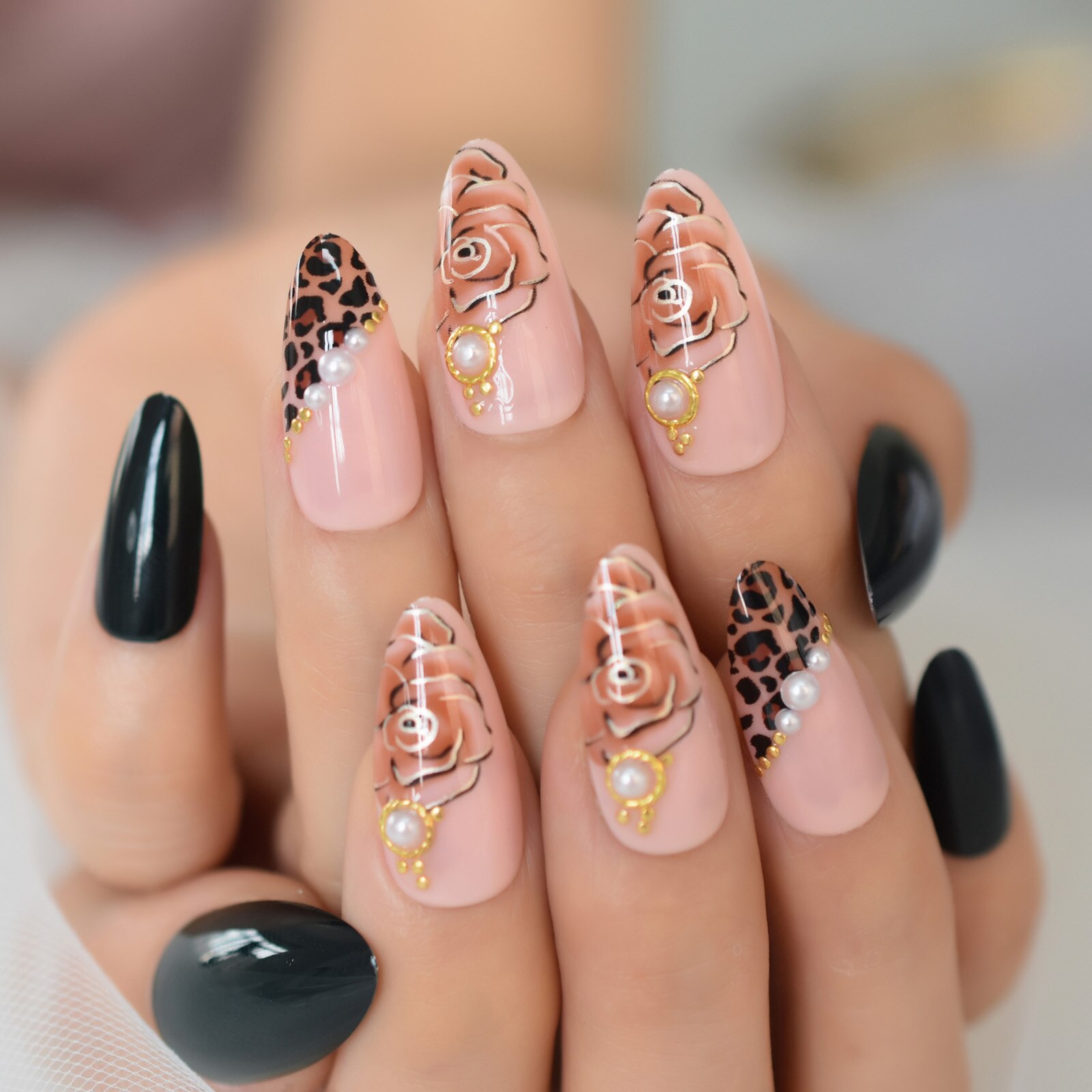 Rose negle tryk på negle mandel medium-korte fingernegle spidser flase nails art forsyninger til professionelle echiq negle 24 stk.