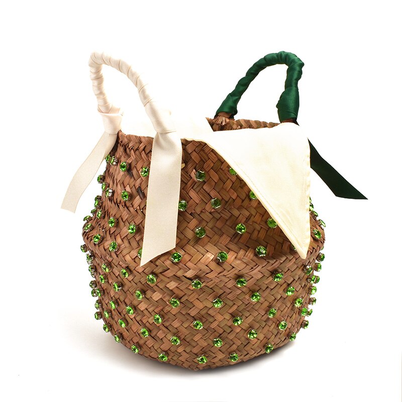 Woman Vacation Bag Embellished Straw Bag Ladies Woven Seaweed Bucket Diamond Bag Pearl Handbags: green With lining / S