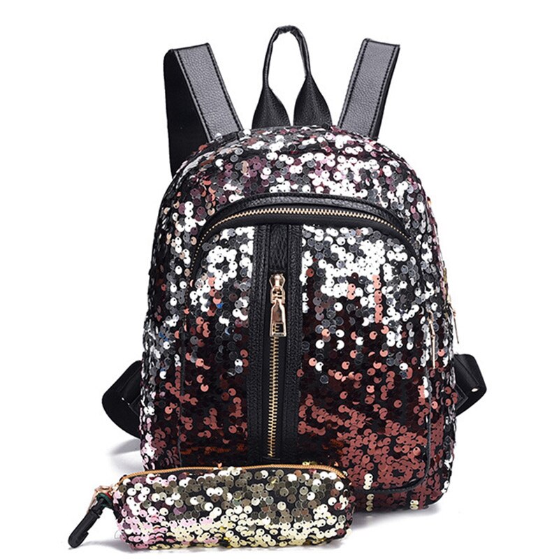 2 stks/set Pailletten Vrouwen Rugzak voor Tiener Meisje Mode Bling Rugzak Student Schooltas met Etui Clutch Mochilas: red