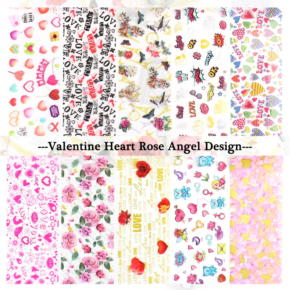 10Pc Hoek Hart Transfer Nagel Folie Valentine Rose Brief Cartoon Liefde Sticker Nagels Art Decoratie Manicure Starry Papier BE2111