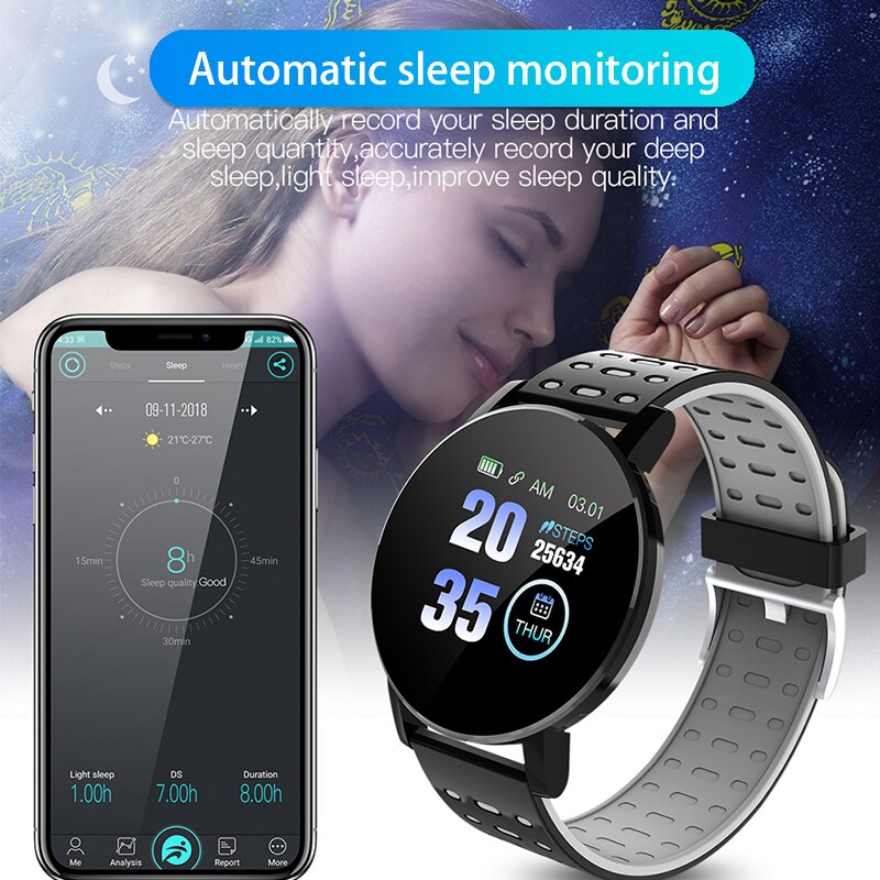 2020 119 Plus Bluetooth Smart Watch pressione sanguigna impermeabile Sport rotondo Smartwatch donna uomo Tracker orologi con sveglia