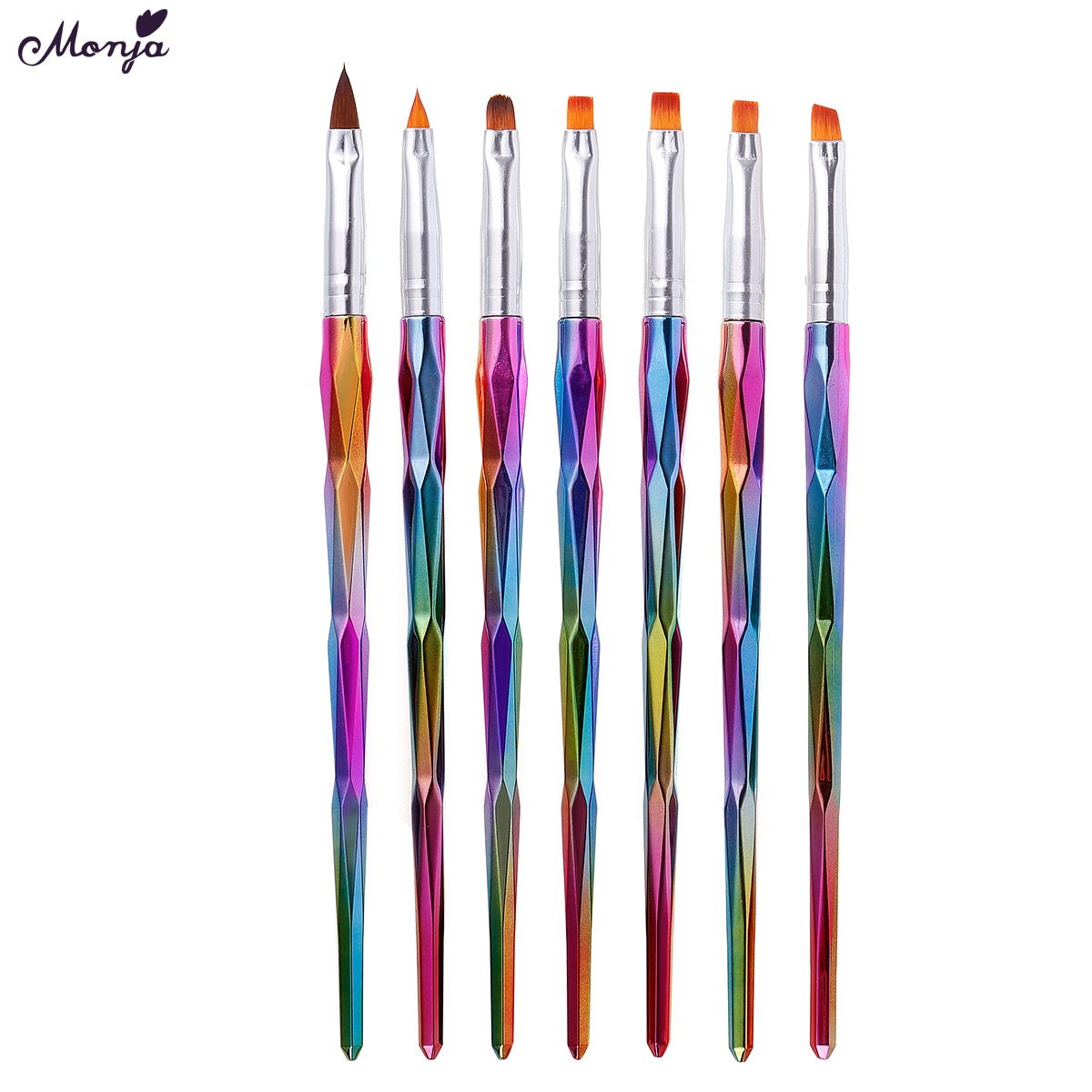 Monja 7 Stks/set Kleurrijke Handvat Nail Art Brush Kit Bloem Patroon Schilderen Acryl Uv Gel Extension Builder Tekening Pen