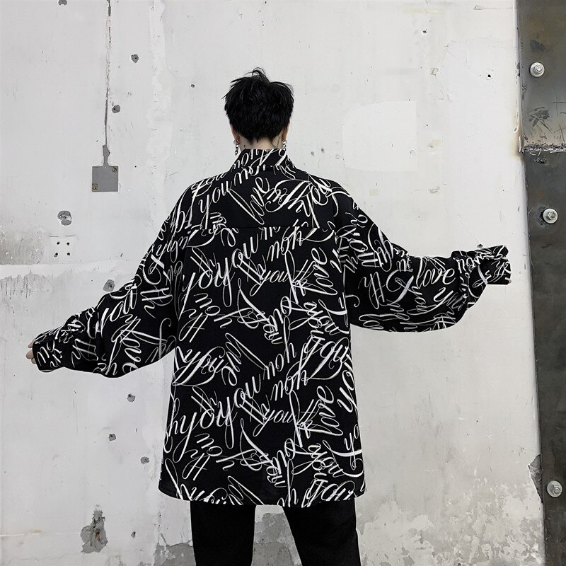 Streetwear Camisa negra de manga larga con estampado de letras Punk gótico para de noche Camisa de talla grande blusas largas Camisa masculina