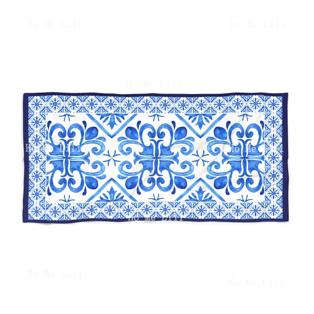 Blue Spanish Tile Pattern Quick Dry Travel Towels For Mens Women Adults Pool Sports