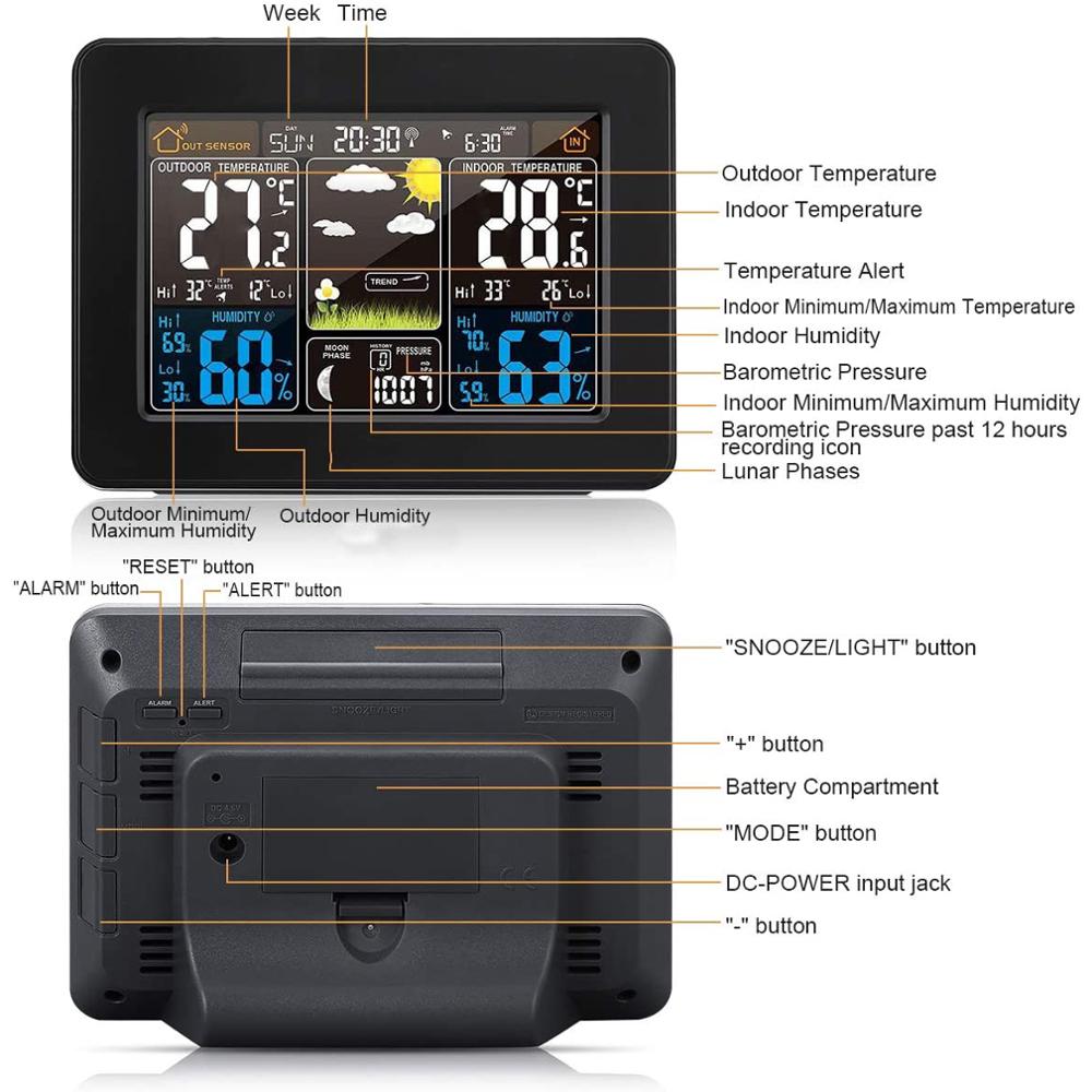 PT3365 Digital Color Forecast Weather Station Weather Clock with Alert and Temperature/Humidity/Barometer/Alarm/Moon Phase/Clock