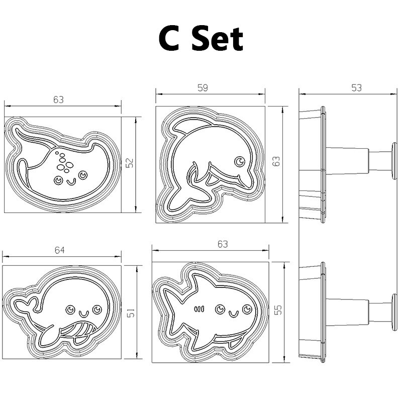 Molde para galletas de la serie de animales marinos, platillo de medusas del océano, cortador de galletas de émbolo DIY, juego de hornear, molde para glaseado de pasteles Fondant, 4 piezas: C Set