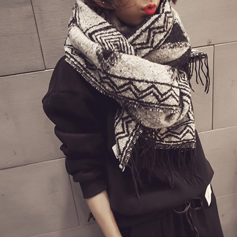 Dobbelt-brug tørklæde sjal retro etnisk stil geometrisk mønster rhombisk fryns kvast tørklæde