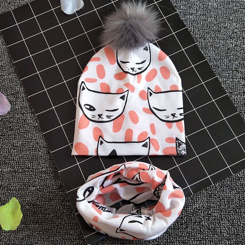 Baby Muts Sjaal Set Print Katoen Kinderen Cap Kraag Kids Jongens Meisjes Mutsen Baby Peuter Hoeden Sjaals Winter Hoeden Voor 1-3T