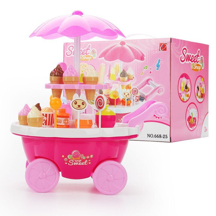 [Funny] Play House Game Kitchen Toys electronic Candy Ice Cream lollipop retail Stroller car with light music toy baby girl