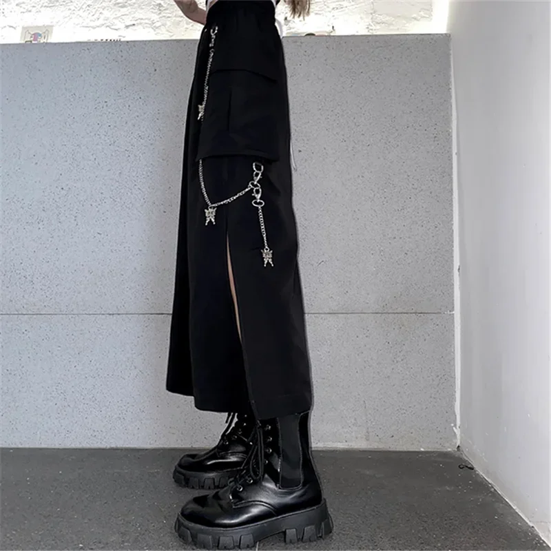Falda larga de estilo coreano para mujer, falda larga negra con abertura lateral de cadena, ropa de calle de Hip hop, talla grande, primavera y otoño,