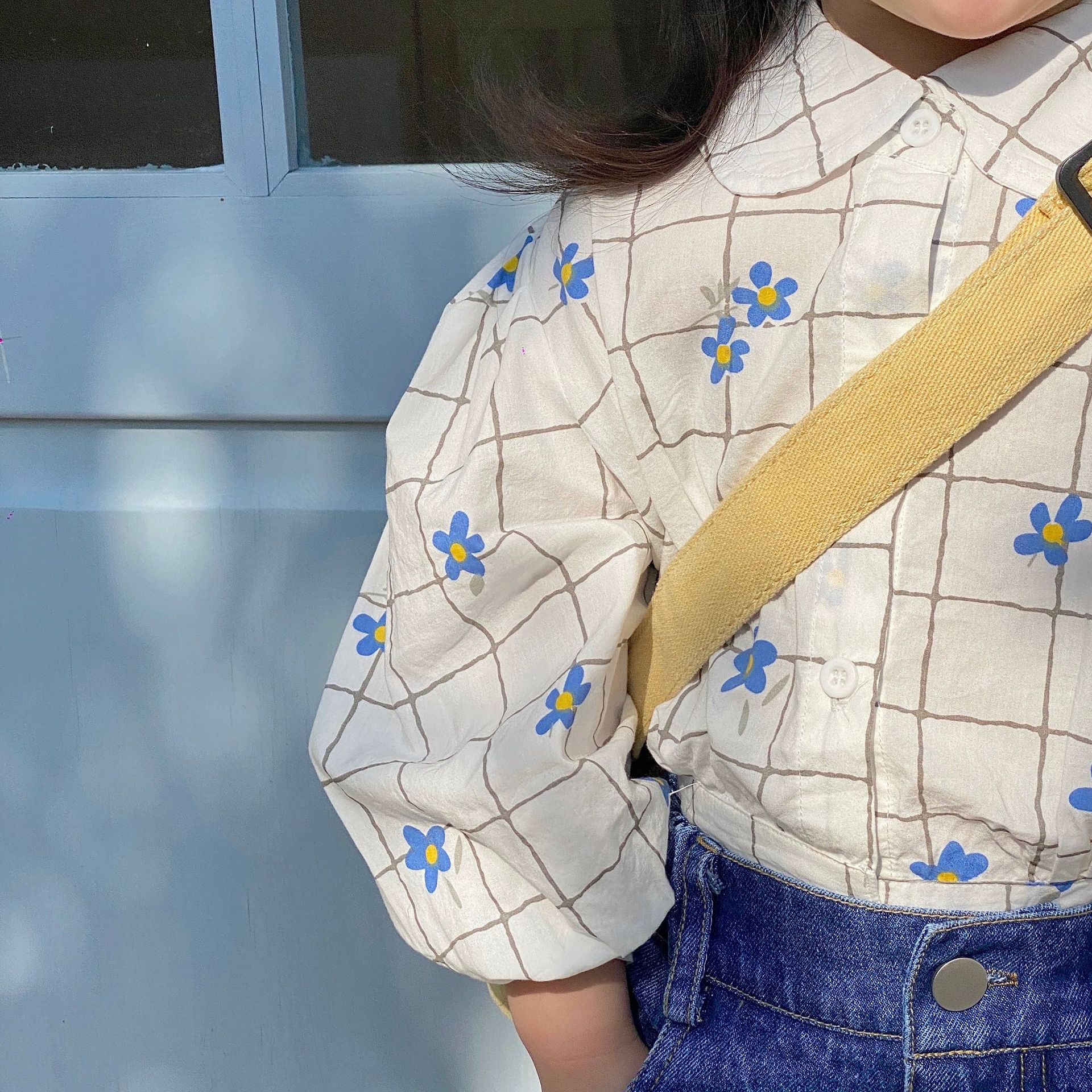 9927B Meisje Kleding Bloemen Shirts Koreaanse Voorjaar 2022 Revers Meisjes Shirts Korte Gedrukt Katoen Kid 'S Tops 1-7Year Meisje blouse: blue flower / 120 for 5y