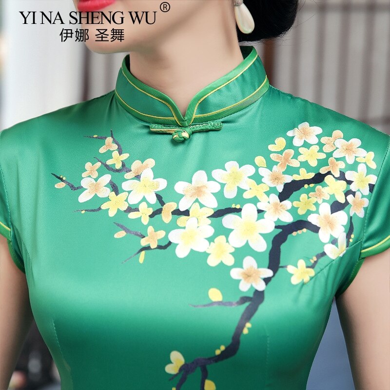 Chinese Cheongsam Wedding Dress Improved Short Satin Silk qipao Printed Evening Women Retro Slim Open Cheongsam