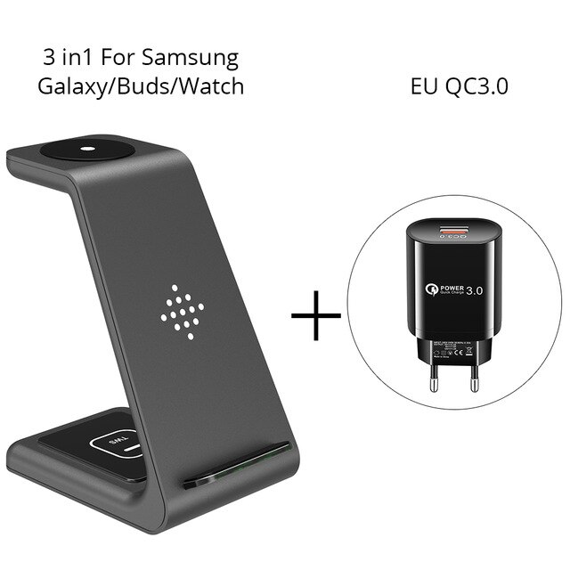 3 in 1 qi 10w hurtig trådløs oplader til iphone samsung telefonholder til iwatch 5 til airpods galaxy buds gear  s4 s3 dock oplader: Til samsung eu stik