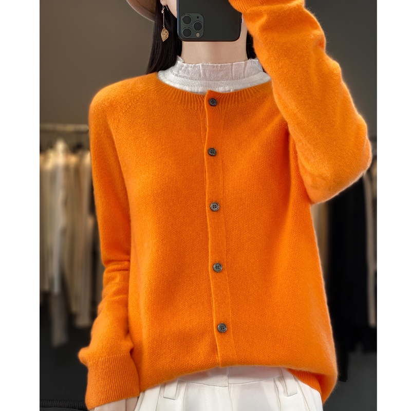 Kvinder 100%  merinould cardigans cashmere sweater efterår vinter o-hals langærmet strikvarer dame basistøj toppe: Xxl / Orange