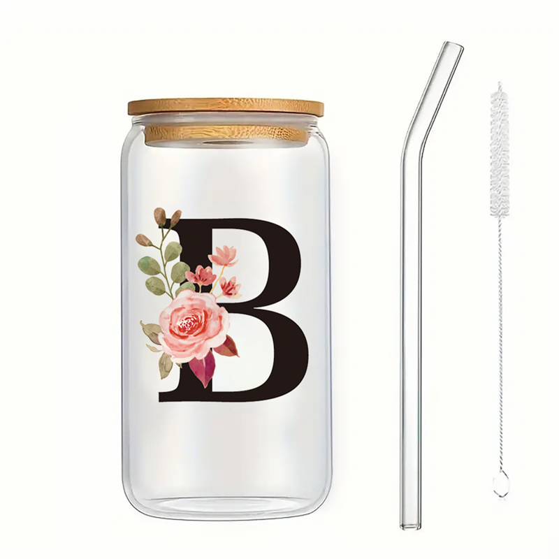 Alphabet Flowers Drinking Glass Letter A-Z Iced Coffee Water Juice Bottle Portable Clear Cup with Lid Straw Brush Birthday: green