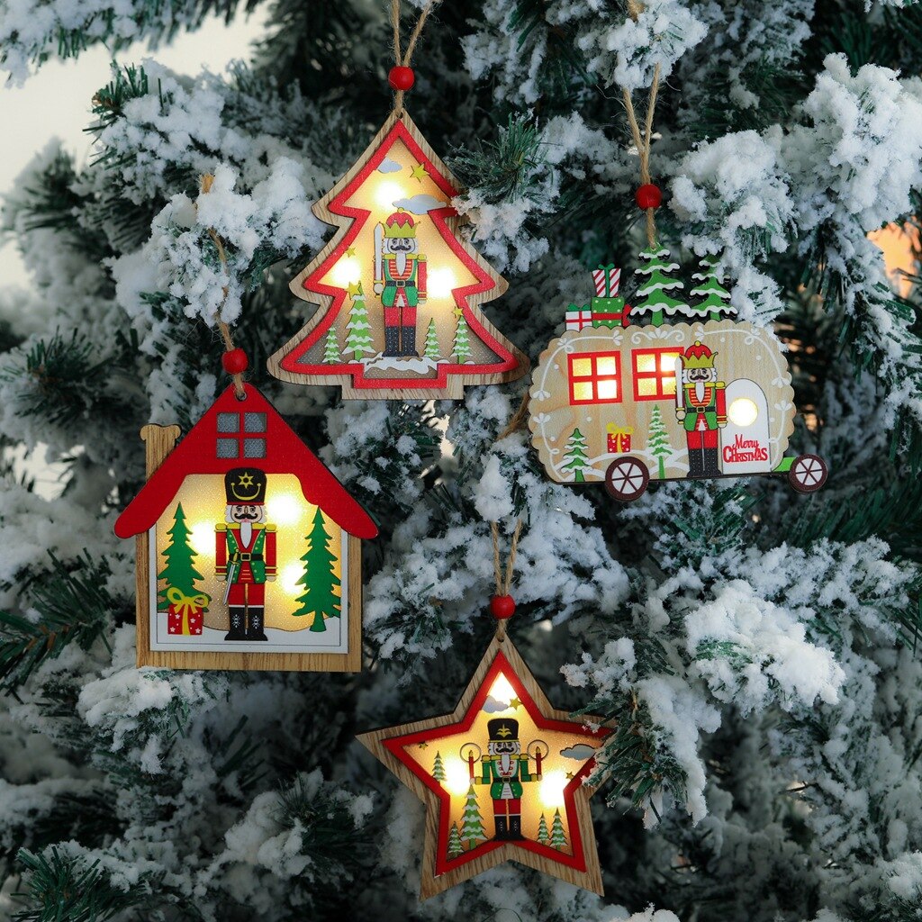 Kleine Houten Huis Kerst Decoratie Verlichte Mini Houten Huis Ornamenten Gloeiende Kerstboom Hangers Kids
