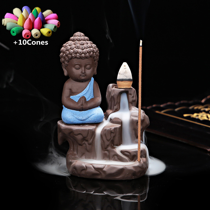 With 10Cones The Little Monk Censer Home Decor Small Buddha Incense Holder Backflow Incense Burner Use In Home Teahouse