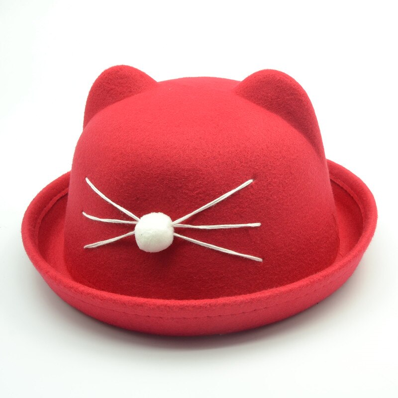 child bowler hat wool felt Fedora hats for Women Girls Children solid Cat Ear formal cap trilby Sombrero Derby 6 colors: Red