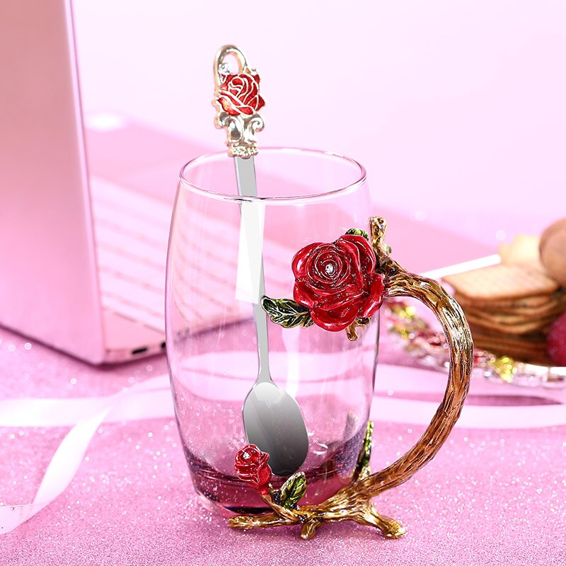 Rød rose emalje krystal krus blomst te glas høj kvalitet glas kop blomsterkrus med håndtag perfekt til elsker bryllup: 04